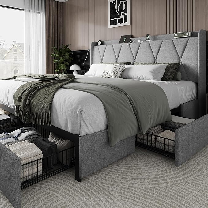 Einhomn King Size Bed Frame with 4 Storage Drawers and Charging Station, Upholstered Platform Bed Frame with Storage Headboard, No Box Spring Needed, Easy Assembly, Light Grey