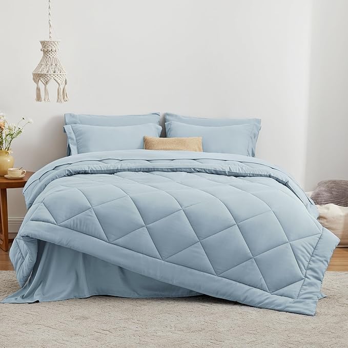 Love's cabin Queen Comforter Set Light Blue, 7 Pieces Queen Bed in a Bag, All Season Bedding Sets with 1 Comforter, 1 Flat Sheet, 1 Fitted Sheet, 2 Pillowcase and 2 Pillow Sham | Soft, Breathable, Lightweight, Comfortable