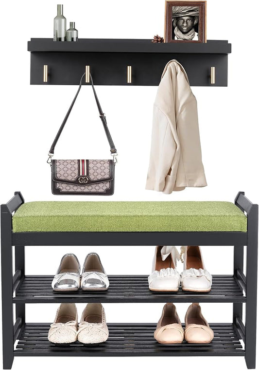 PETKABOO Shoe Rack for Front Door Entrance, 28” Entryway Bench with Coat Rack, Hall Tree Shoe Bench with Storage for Entry, Hallway, Bedroom, Living Room