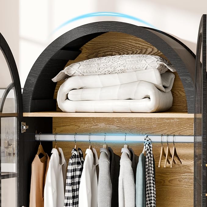 Armoire Wardrobe Closet with Drawer, 71”Tall Arched Wardrobe Cabinet with Hanging Rod&Glass Door – Wooden Freestanding Clothing Storage Cabinet Closet Organizer for Bedroom, Entryway or Dorm