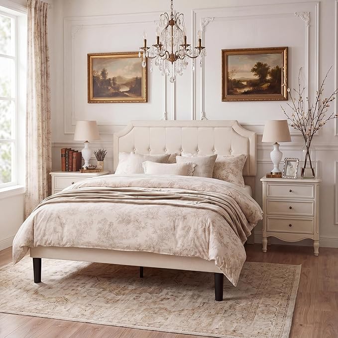 VECELO Queen Upholstered Platform Bed Frame with Adjustable Button Stitched Panel Headboard,Strong Wood Slat Support,Velcro Design,Mattress Foundation/Easy Assembly,Beige