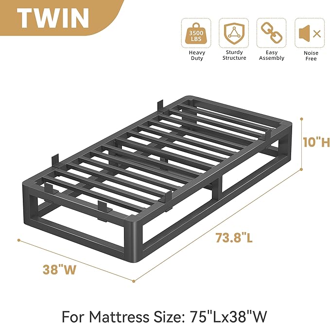 10 Inch Twin Bed Frames with Rounded Corner and Squeak Free U-Slot Design, Metal Platform Bed Frames 6 Non-Slip Guards, 3500lbs Heavy Duty Steel Slat Support, No Box Spring Needed, Black