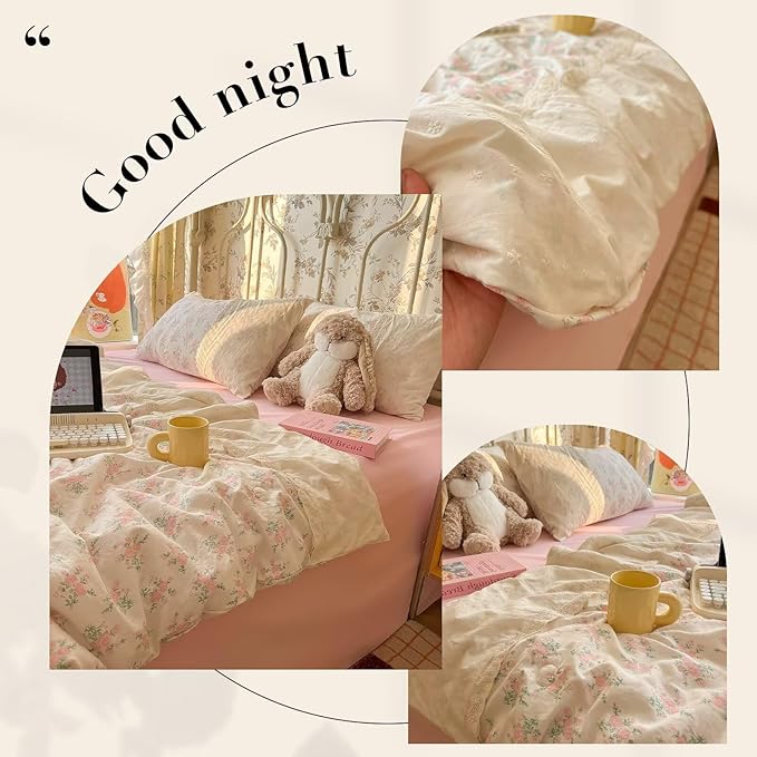 mixinni Vintage Floral Duvet Cover Set - 3 Piece Twin XL Size Pink Cottagecore Bedding with Lace Trim, Shabby Chic Bedding Set, Includes 1 Duvet Cover & 2 Pillowcases, Boho Aesthetic for Girls & Dorms
