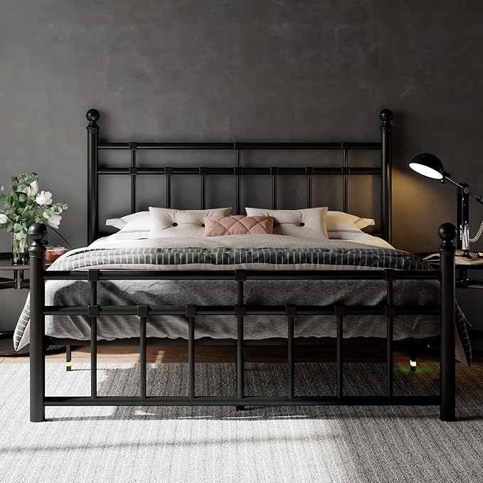 Feonase Full Size Metal Platform Bed Frame with Victorian Classic Iron-Art Headboard & Footboard, Heavy Duty Slats, 12" Under Bed Storage, No Box Spring Needed, Easy Assembly, Noise-Free, Black