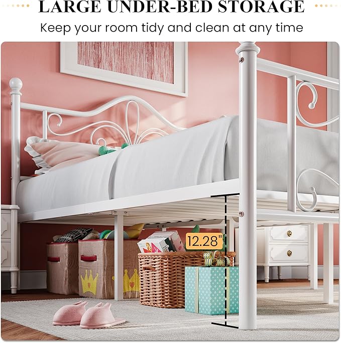 SHA CERLIN Full Size Bed Frame with Headboard,Metal Bed Frame with Butterfly Pattern Design Headboard & Footboard,No Box Spring Needed,Easy Assembly,White