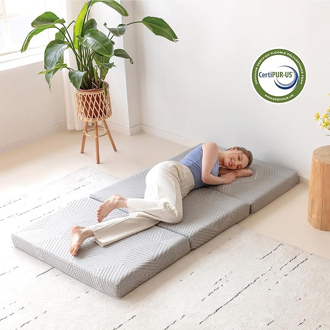MLILY Tri-Fold Memory Foam Topper, 4 inch Twin Folding Mattress Topper with Collapsible and Washable Cover, Travel and Guest Mat, 75"×38"×4", Grey