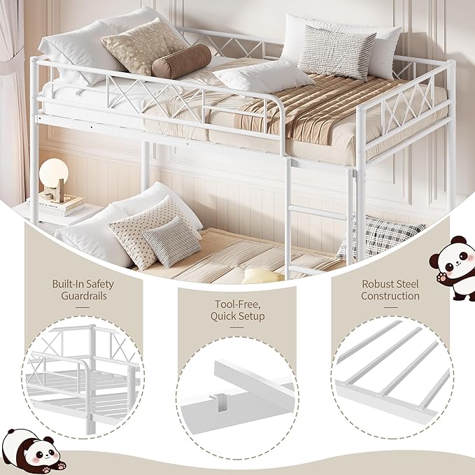 Garvee Twin Over Twin Bunk Bed with Stairs, Heavy Duty Metal Construction & High Guardrail, Sturdy Steel Slats Support, No Box Spring, Space Efficient, White