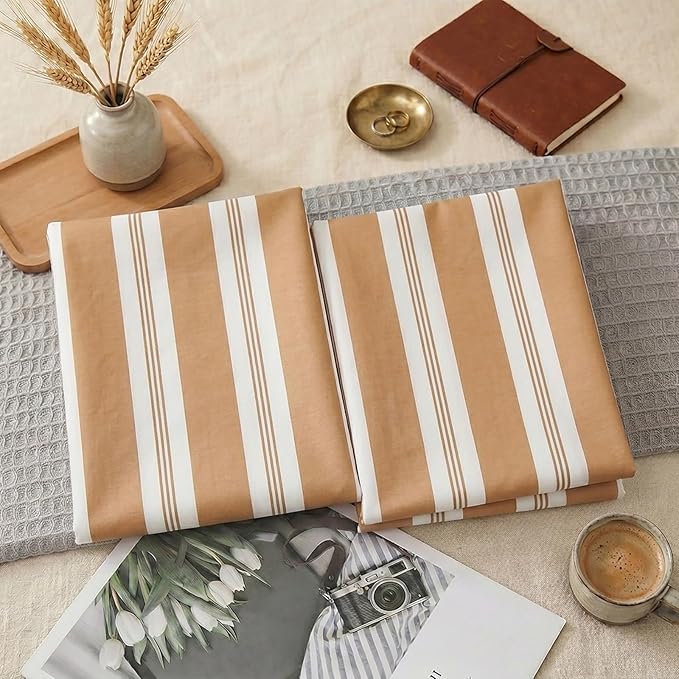 Merryword Khaki Striped Pillowcases, 100% Cotton Pillow Cases, King Size Pillowcases, Luxury Linen Like Pillowcase, Soft Breathable Stripe Pillow Covers, Set of 2