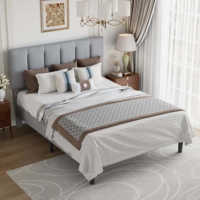 VECELO Queen Size Bed Frame with Upholstered Headboard, Heavy-Duty Bedframe with Strong Wooden Slats Support, No Boxing Spring Needed, Light Grey