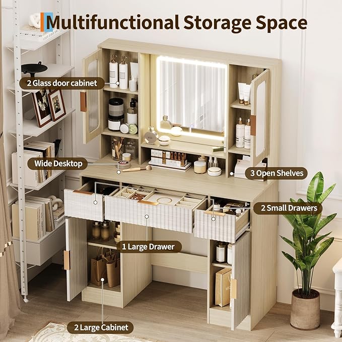 Garvee Vanity Desk with Mirror and Light, Modern Makeup Dressing Table with Adjustable 3 Colors Light, Vanities for Bedroom with 2 Glass Cabinet, 2 Large Cabinet, 3 Drawers & Storage Shelves, Natural
