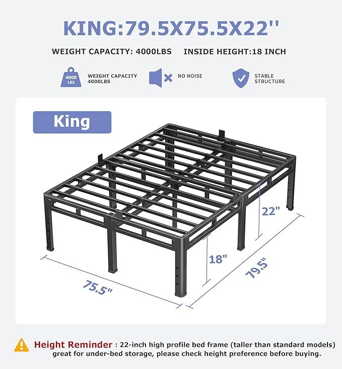 NKZ 22 Inch King Size Bed Frame, Metal Bed Frame & Box Spring 2 in 1 Platform with Round Corner Legs, 4000Lbs Heavy Duty Metal Frame, Mattress Slide Stopper, Headboard Hole, Noise-Free, Easy Assembly