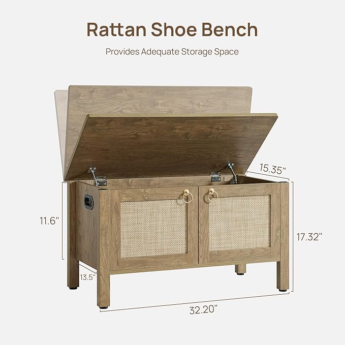 SICOTAS Rattan Shoe Rack Bench with Lift Top Storage: Farmhouse Boho Wide Shoe Cabinet Entryway Bench with Safety Hinges, Wooden Storage Chest for Bedroom, Entryway, Hallway, Living Room