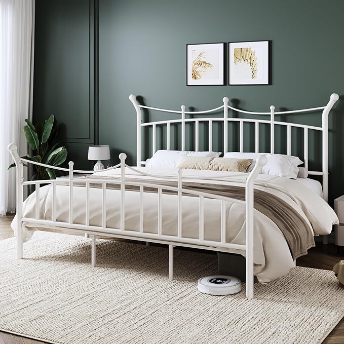 Allewie 14 Inches King Size Metal Platform Bed Frame with Elegant Crown Iron-Art Headboard & Footboard, Sturdy Mattress Foundation with Under-Bed Storage, Easy Assembly, No Box Spring Needed, White