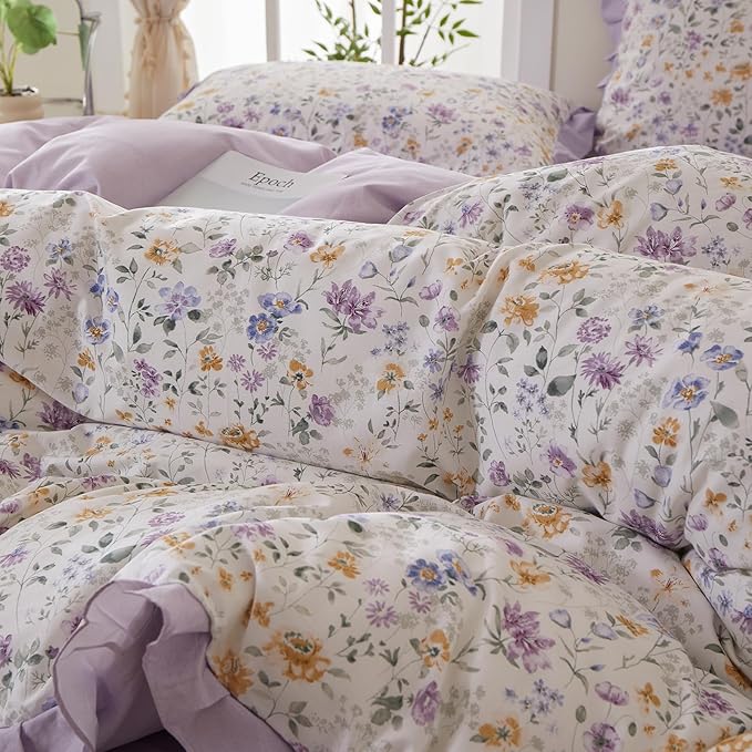 mixinni Floral Duvet Cover Set King Size, 100% Cotton 3-Piece Bedding Set with Ruffled Lace, Reversible Lavender Wildflower Ruffle Design, Soft Aesthetic Cottagecore Duvet Cover with Zipper Closure