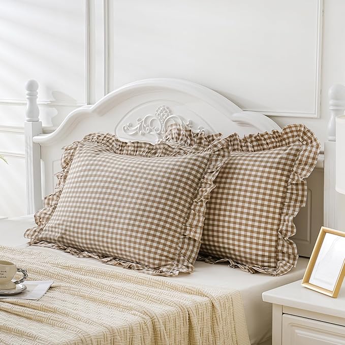 2 Pack Taupe White Plaid Gingham Ruffle Pillow Shams Standard Size 20x26 inches, 100% Washed Cotton Checkered Farmhouse Pillow Covers for Bed/Sofa (20x26 inches,Taupe/White Plaid)