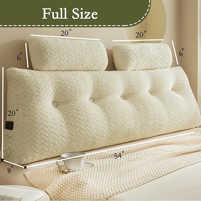 YOUR MOON Wedge Headboard Pillow Full Size, Triangular Wedge Backrest Pillow with 1 Pack Neck Roll Pillows, Headboard Pillow for Bed,Daybed,and Lounging, Large Bed Bolster Pillows,Off White