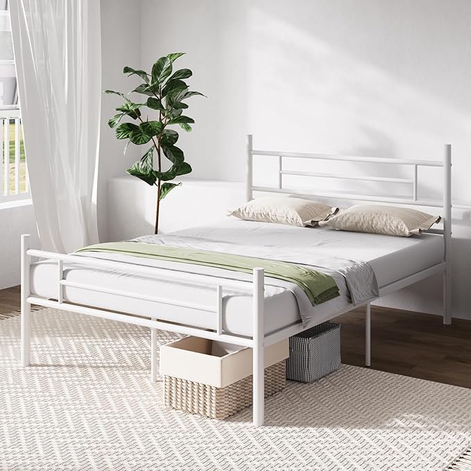 Novilla Full Size Bed Frame with Headboard and Footboard, 14 Inch Metal Platform Bed Frame with Under Bed Storage, No Box Spring Needed, Strong Metal Slats Support, White