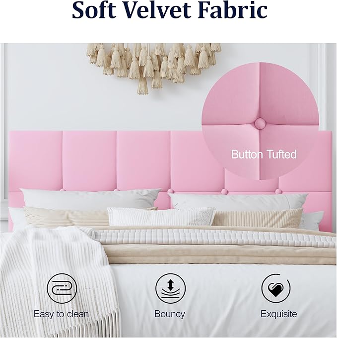 Queen Bed Frame, Velvet-Upholstered Platform Bed Frame with Tufted Button Headboard, Sturdy Slatted Mattress Base, No Spring Mattress Required, Easy to Assemble, Pink