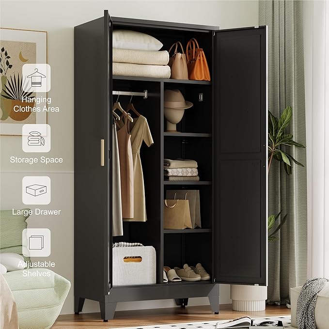 Baborokic Metal Wardrobe Cabinet with Hanging Rod,Large 71" Armoire Wardrobe Closet with Adjustable Shelves and Doors,Farmhouse Metal Office Cabinets for Bedroom,Office,Employee(Black)