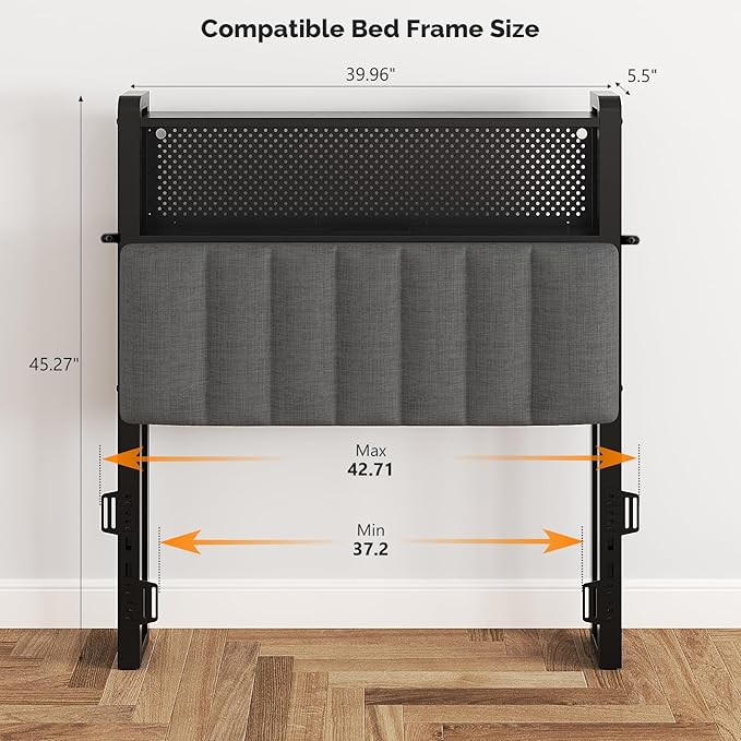 VINGLI Twin or Twin XL Size Headboard, Adjustable Upholstered Headboard with 2 Tier Shelves and Pegboard with Charging Stations and LED Lights, Modern Bed Headboard with Storage for Bedroom Decor