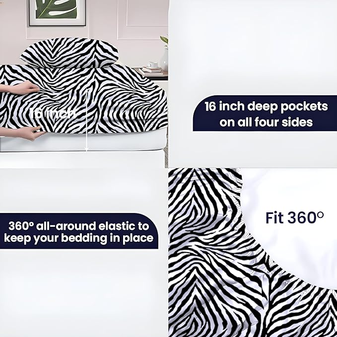 SGI Split King Sheet Set for Adjustable Bed Egyptian Premium Cotton 600 Thread Count Sheets for Sleep Number Bed 15" Deep Pocket 5 Pc Set with 2 Twin XL Fitted Sheets Soft Breathable -Zebra Print