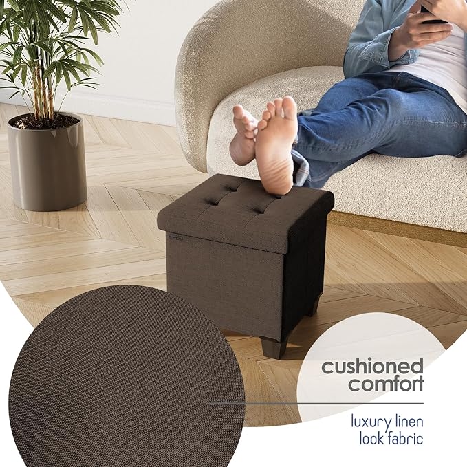 Storage Ottoman Cube with Small Bin, 15-in Square Ottoman with Storage for Living Room and Bedroom, Small Ottomans Foot Rest, Fabric Foot Stools Ottomans Max 330lbs, Brown