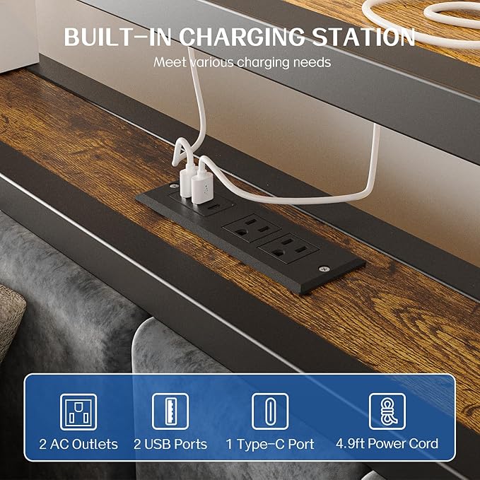 Liians Full Size Platform Bed Frame with LED Lights, Charging Station, Grey Upholstered Headboard with 2-Tier Storage Shelves, Noise Free, No Box Spring Needed