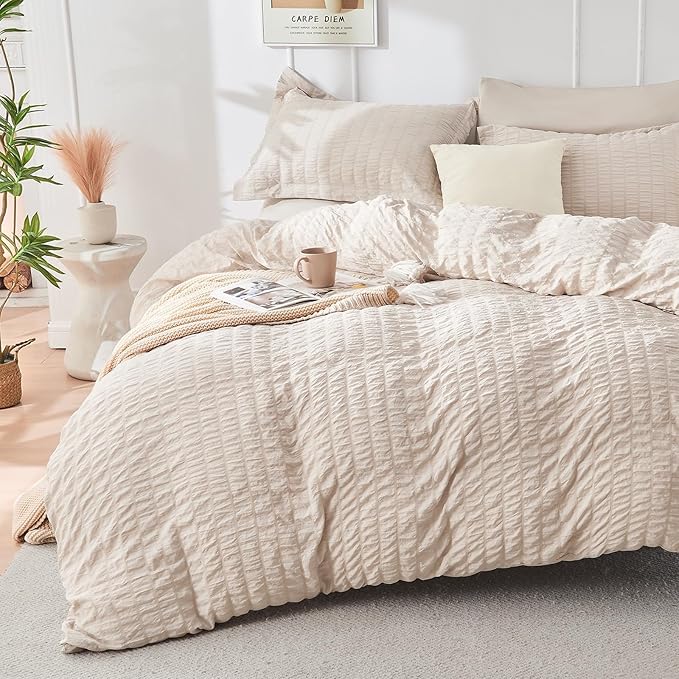 HYMOKEGE Beige Duvet Cover Full Size, Ultra Soft 3-Piece Seersucker Duvet Cover Set with Zipper Closure, Soft Brushed Microfiber Bedding Set with 8 Corner Ties (80"x90", 2 Pillowshams)