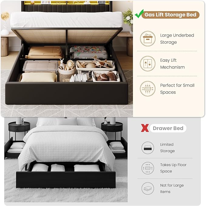 SHA CERLIN Queen Size Lift Up Storage Bed Frame/LED Lights/Charging Station/2-Tier Shelves Headboard/USB,Type-C Ports/Velvet Upholstered/Hydraulic Support/No Box Spring Needed/Noise Free/Black