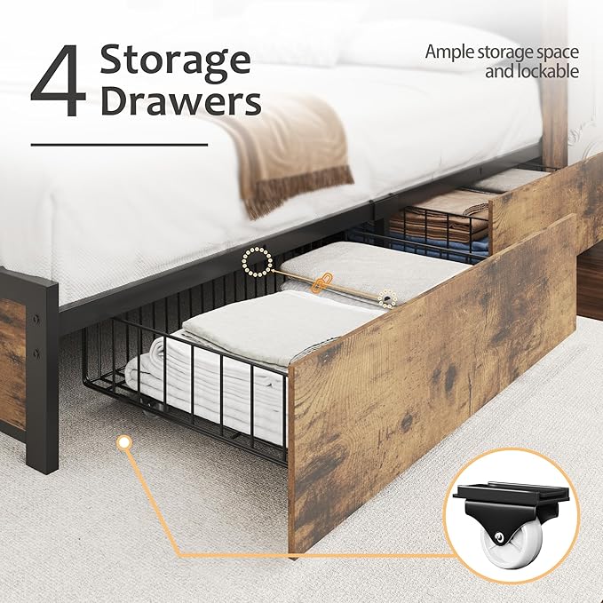 HISOFT Queen Bed Frame with Headboard, Wood Bed Frame with High Storage Bookcase, 4 Storage Drawers & LED & Charging Station,No Box Spring Needed/Noise Free/All-Metal Support, Vintage Brown