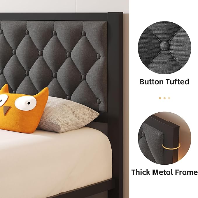 Fluest Twin Bed Frame with Headboard Linen Upholstered Bed Frame Platform,All Metal Slats Support Platform Bed Frame with Storage Space,Easy Assembly,Noise Free,No Box Spring Needed,Grey