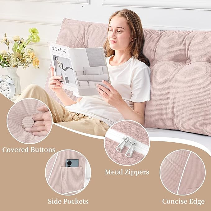 Sasttie Headboard Pillow Full, Wedge Pillow Headboard for Sitting Up in Bed, Back-Rest Support Triangular Cushion for Reading - Features Removable Washable Cover, Pink