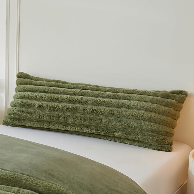 MEGO Luxury Faux Rabbit Fur Body Pillow Cover, Soft Fluffy Plush Wide Striped Bedroom Green Body Pillowcase 20x54, Furry Fuzzy Long Bed Pillow Case with Zipper for Adults Girls Teens Kids, Sage Green