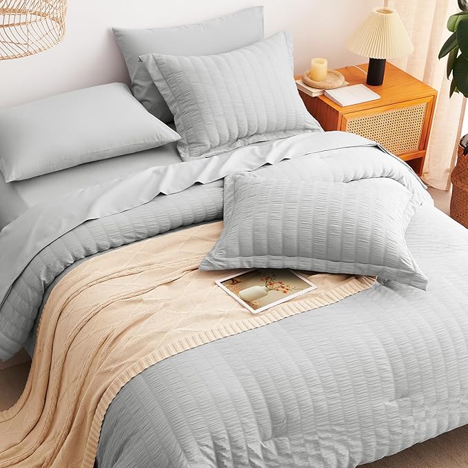 CozyLux Oversized Queen Comforter Set Light Grey Seersucker 7 Pieces 98x98 Bed in a Bag Comforter Set with Sheet, Luxury Bedding Set Down Alternative Comforter, Sheets, Pillowcases & Shams, Light Gray