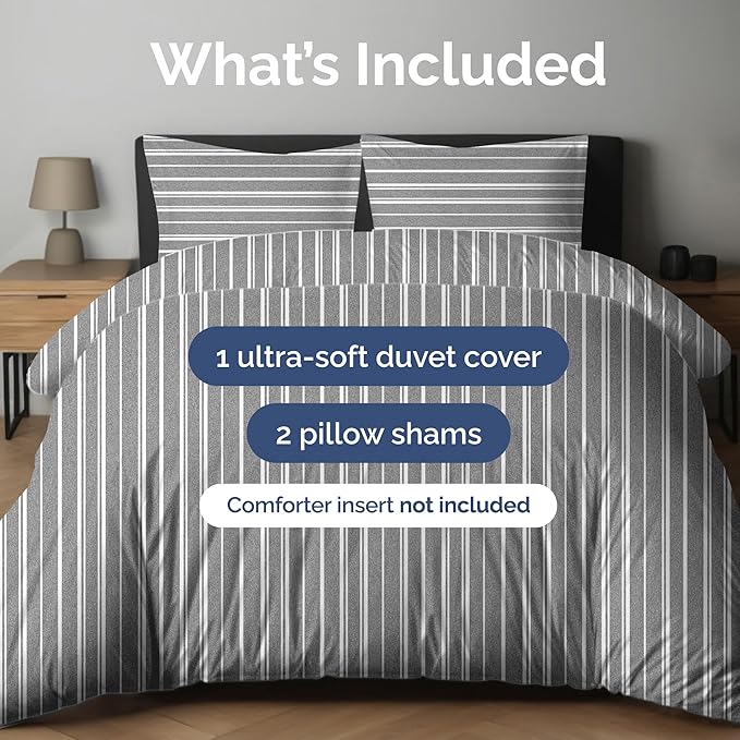 Duvet Cover Cal King Size Set - Extra Soft Cal King Duvet Cover 104" x 98" with 2 Pillow Shams - Hotel Luxury, Easy Care & Fade Free w/ Zipper Closures & Ties - Comfy, Cozy & Breathable (Grey Stripes)