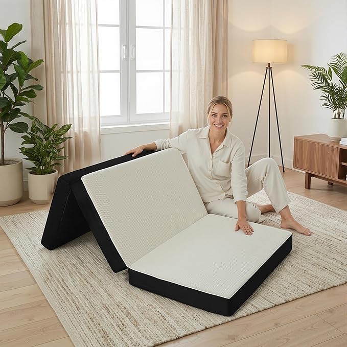 Foldable Mattress Twin XL, Memory Foam Tri Fold Mattress with Removable Washable Cover, 4 inch Folding Floor Mattresses Sleeping Pad for Guest, RV, Travel, Camping, White, 78"x38"x4"