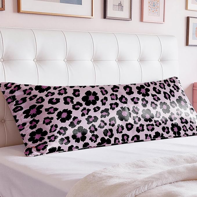 EXQ Home Satin Pillowcase for Hair and Skin - Printed Sweet Leopard Silk Body Pillowcase 20x54 inches - Body Pillow Cases with Envelope Closure, Gifts for Women Men