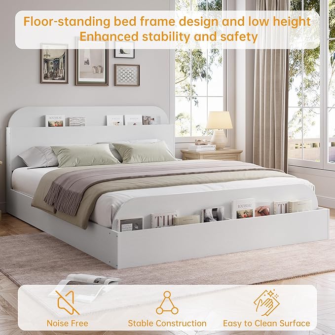 GarveeHome Full Size Bed Frame, Wooden Beds with Storage Headboard and Raised-Foodboard, Full-Floor Low Platform Bed for Bedroom, Sturdy Wooden Slats Support, No Box Spring Needed, White