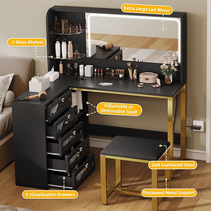 YITAHOME Vanity Desk Set- L Makeup Vanity with Mirror and Lights 3 Lighting Modes, 48" Large Makeup Table with 5 Tempered Glass Drawers with Open Storage Shelves Vanity Table, Black
