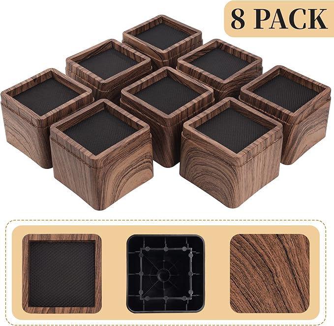 BTSD-home 3 Inch Wood Bed Risers Furniture Risers Bed Frame Lifters in Heights of 3 or 6 Inch Heavy Duty Set of 8 Square