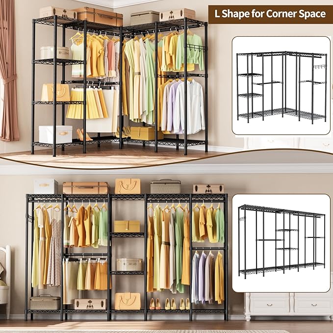 Golpart Heavy Duty Garment Rack Clothes Rack,Large Metal Closet Organizer System Storage Wardrobe,Freestanding Clothing Rack with Adjustable Wire Shelves& Hang Rods,MaxLoad 1100lbs