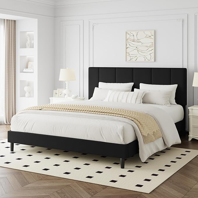 Queen Bed Frame, Padded Platform Bed Frame with Velvet Headboard, Vertical Quilted Design, Sturdy Slatted Mattress Base, No Spring Mattress Required, Easy to Assemble, Black