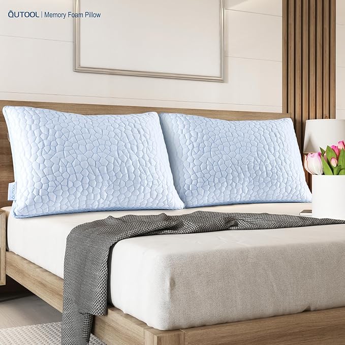 QUTOOL Enhanced Cooling Pillows for Sleeping, CertiPUR-US Shredded Memory Foam Pillows King Size Set of 2 for Hot Sleeper, Adjustable Bed Pillow for Side, Back, Stomach Sleepers Support Yet Soft, Blue