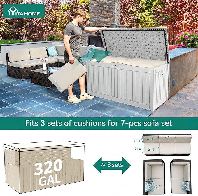 YITAHOME 320 Gallon Double-Wall Deck Box with Divider & Side Handles, Outdoor Large Storage for Patio Furniture Cushions, Garden Pool Accessories, Water Resistant & Lockable
