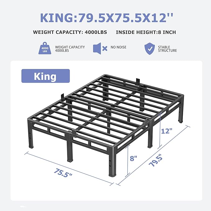 NKZ 12 Inch King Size Bed Frame, Metal Bed Frame & Box Spring 2 in 1 Platform with Round Corner Legs, 4000Lbs Heavy Duty Metal Frame, Mattress Slide Stopper, Headboard Hole, Noise-Free, Easy Assembly