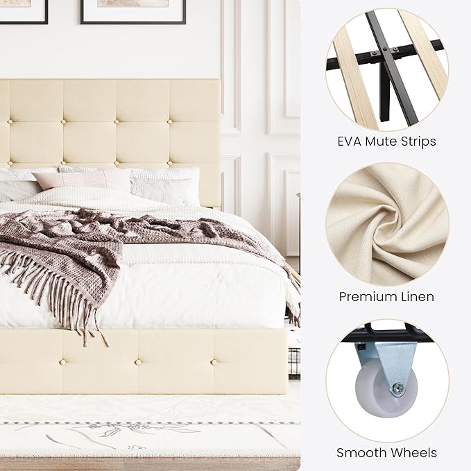 SHA CERLIN Upholstered Queen Size Platform Bed Frame with 4 Storage Drawers, Adjustable Headboard with Square Stitched Button Tufted Design, Wooden Slat Support, No Box Spring Needed, Beige
