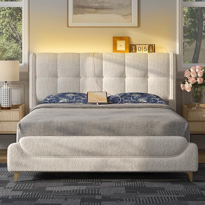 Novilla Full Size Bed Frame with Charging Station & LED Lights, Upholstered French Luxury Platform Bed with Wingback Headboard, Lamb Wool Fabric, No Box Spring Needed, Easy Assembly, Cream White