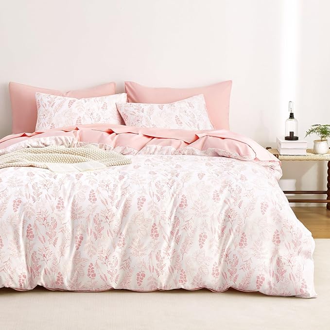 Wake In Cloud - Floral Duvet Cover Set, Botanical Vintage Flower Coquette Cottagecore Aesthetic for Women Teen Girls, Soft Lightweight Bedding, 3-Piece, Blush Pink, Full Size