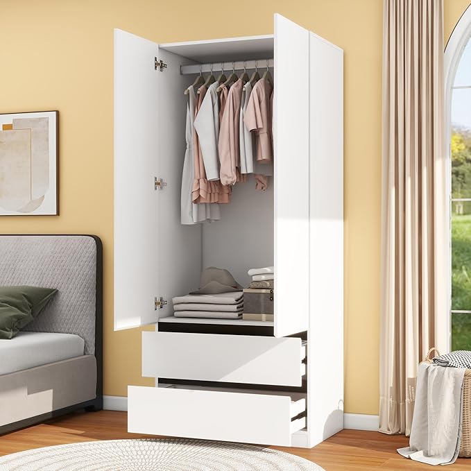 White Wardrobe Closet with Doors: 75" Large Capacity Bedroom Armoire, Wooden Cabinet with 2 Drawers, Hanging Storage Shelves with Hanging Rod (Contemporary, 1)