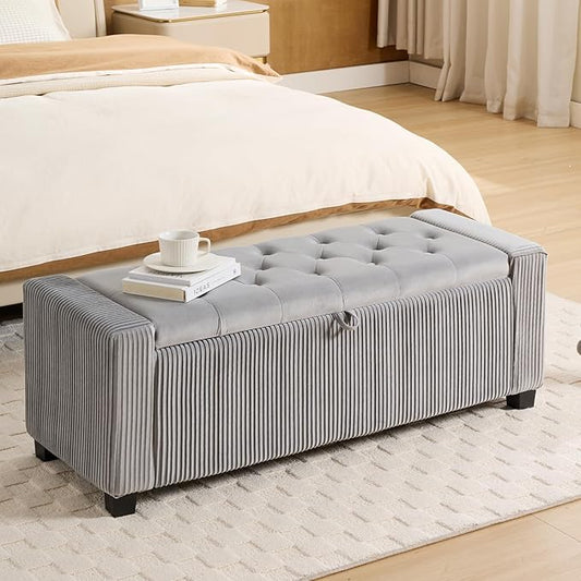 Storage Ottoman Bench, Bench for Bedroom End of Bed, Ottoman with Storage for Living Room and Entryway (Velvet Light Grey)